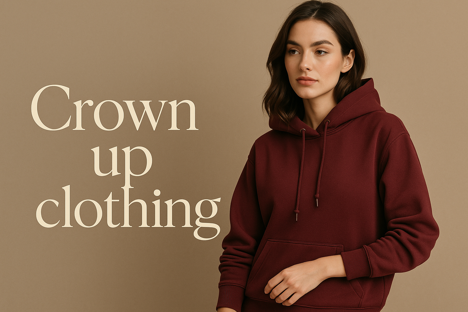 imagen para banner de mi tienda de ropa para mujeres llamada Crown up clothing con una modelo al fondo modelando una hoodie en tendencia con colores de tendecia para este invierno